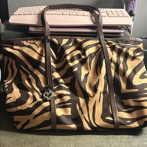 Large Brighton Nylon Brown and Tan Zebra Print Tote Bag - Leather & Silver trim